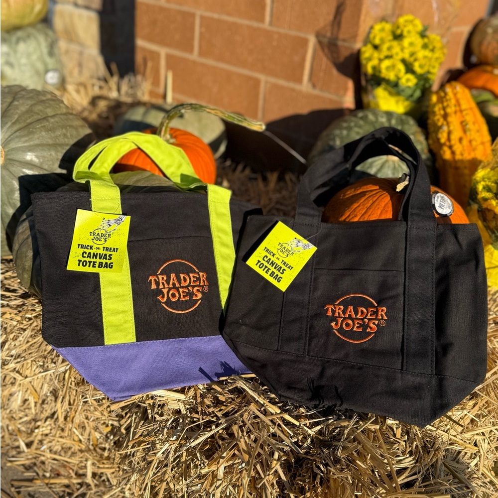 SET of 2 🎃 Trader Joe’s Mini Canvas Tote Bags multicolor + Black. LOWEST PRICE.